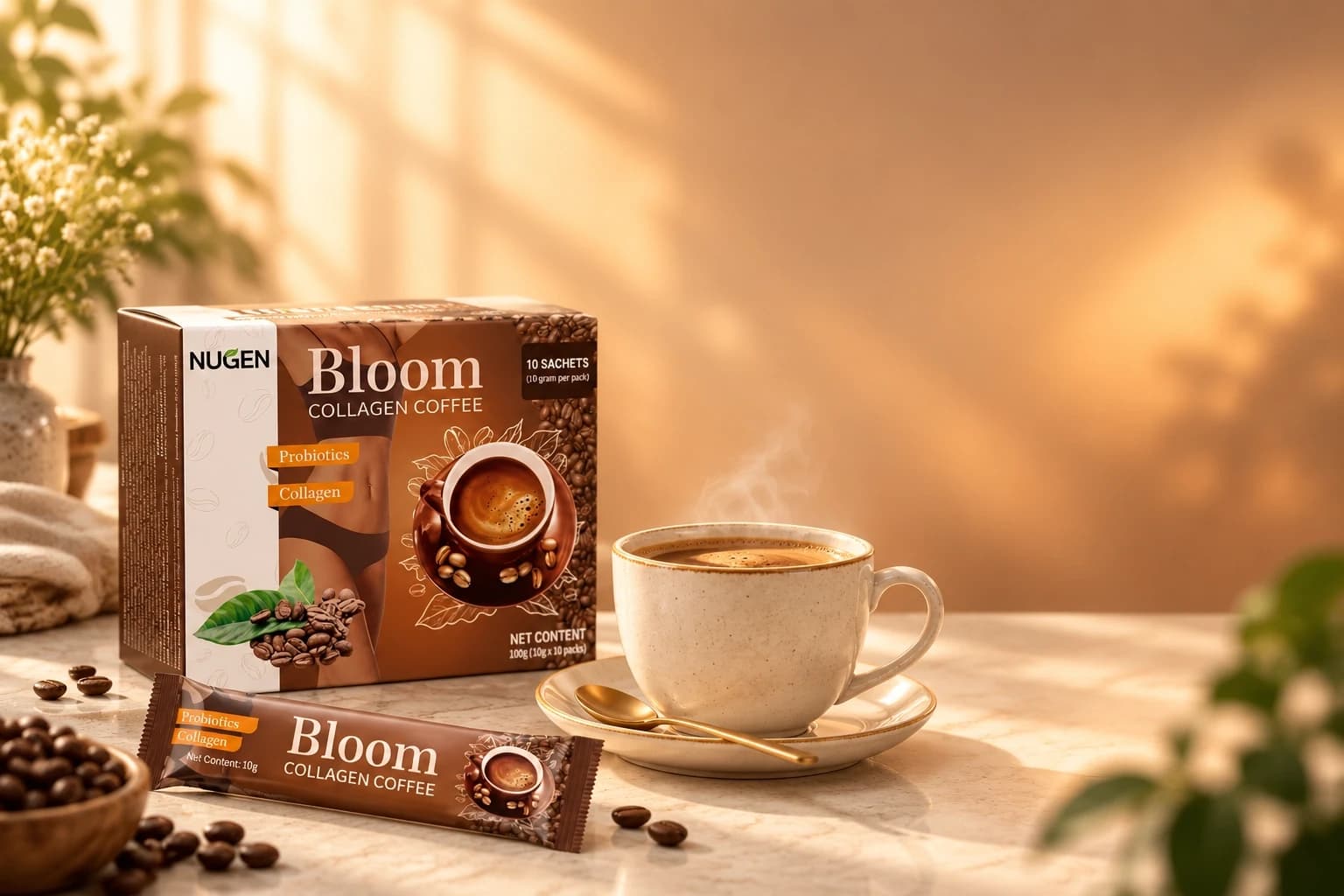مشهد دافئ لمنتج Bloom بجانب كوب قهوة ساخن على طاولة أنيقة مع ضوء غروب خفيف