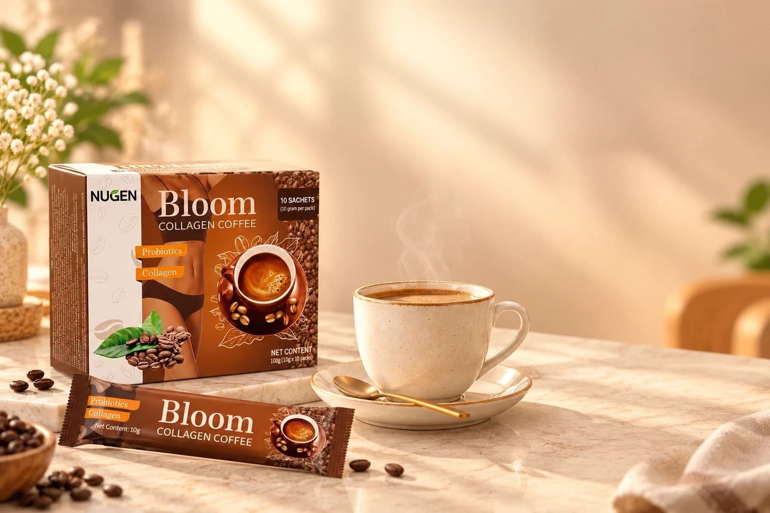 فنجان قهوة ساخن مع عبوة Bloom على سطح رخامي فاتح في ضوء صباحي هادئ